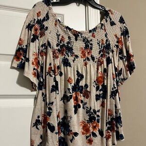 Rewind Floral Smocked Blouse - Cream, Orange, and Blue